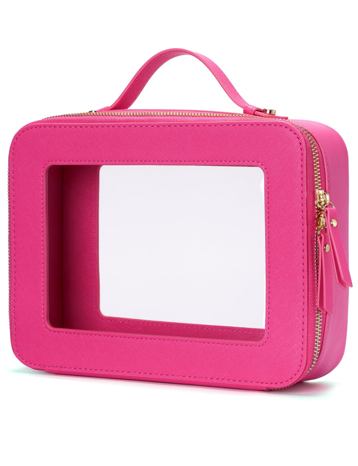 Popvibe front view of hot pink clear makeup bag showing full silhouette and visibility