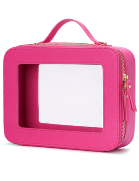 Popvibe front view of hot pink clear makeup bag showing full silhouette and visibility
