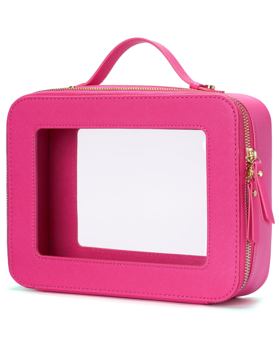 Popvibe front view of hot pink clear makeup bag showing full silhouette and visibility