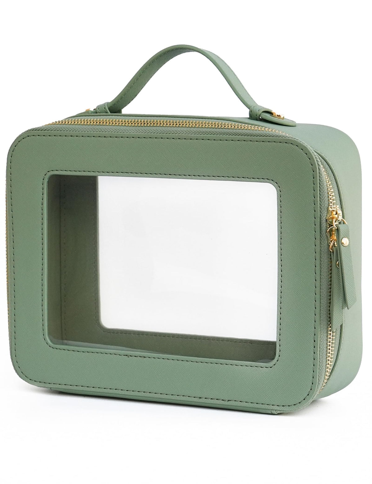 Popvibe front view sage green bag showing clear window and shape benefit visibility