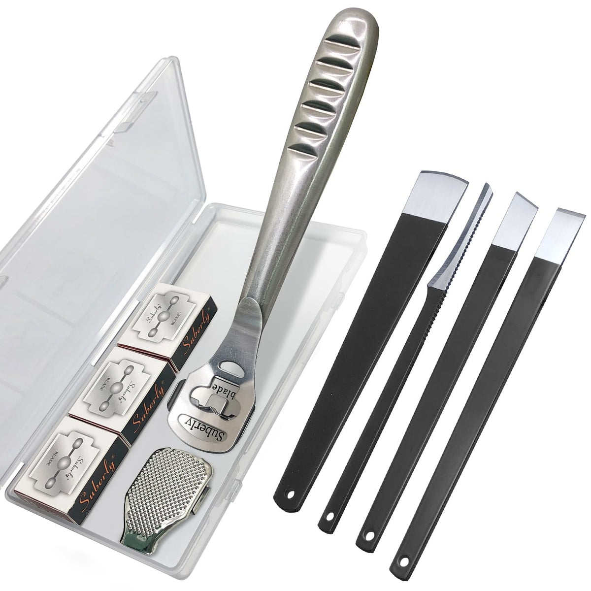 POQOD front view of stainless foot file showing ergonomic handle and build, for comfortable control