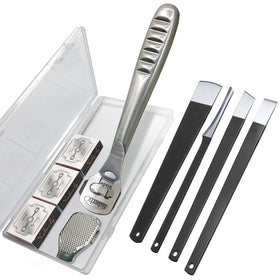 POQOD front view of stainless foot file showing ergonomic handle and build, for comfortable control