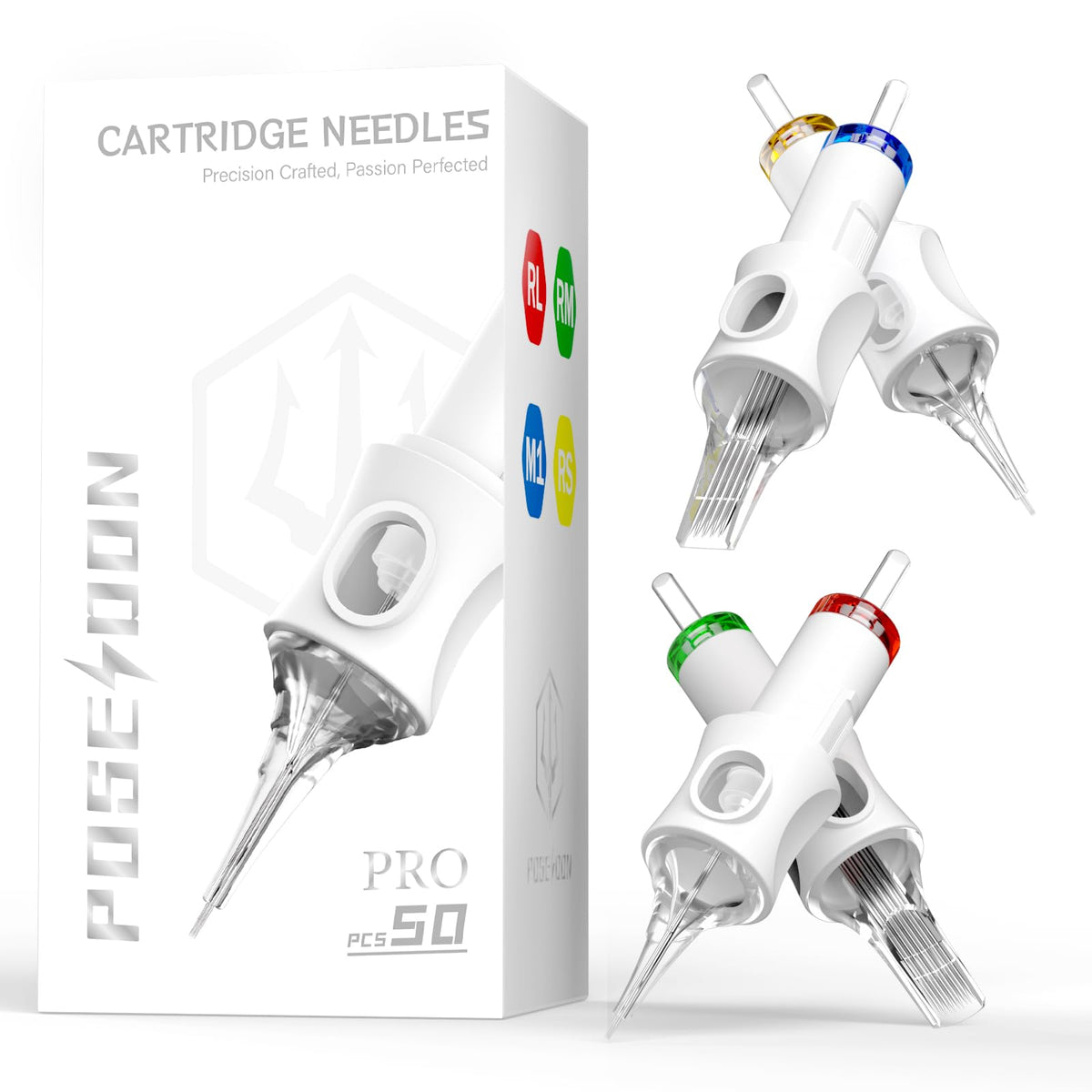 POSEIDON front packaging showing 50-pack and assorted needle types for convenience