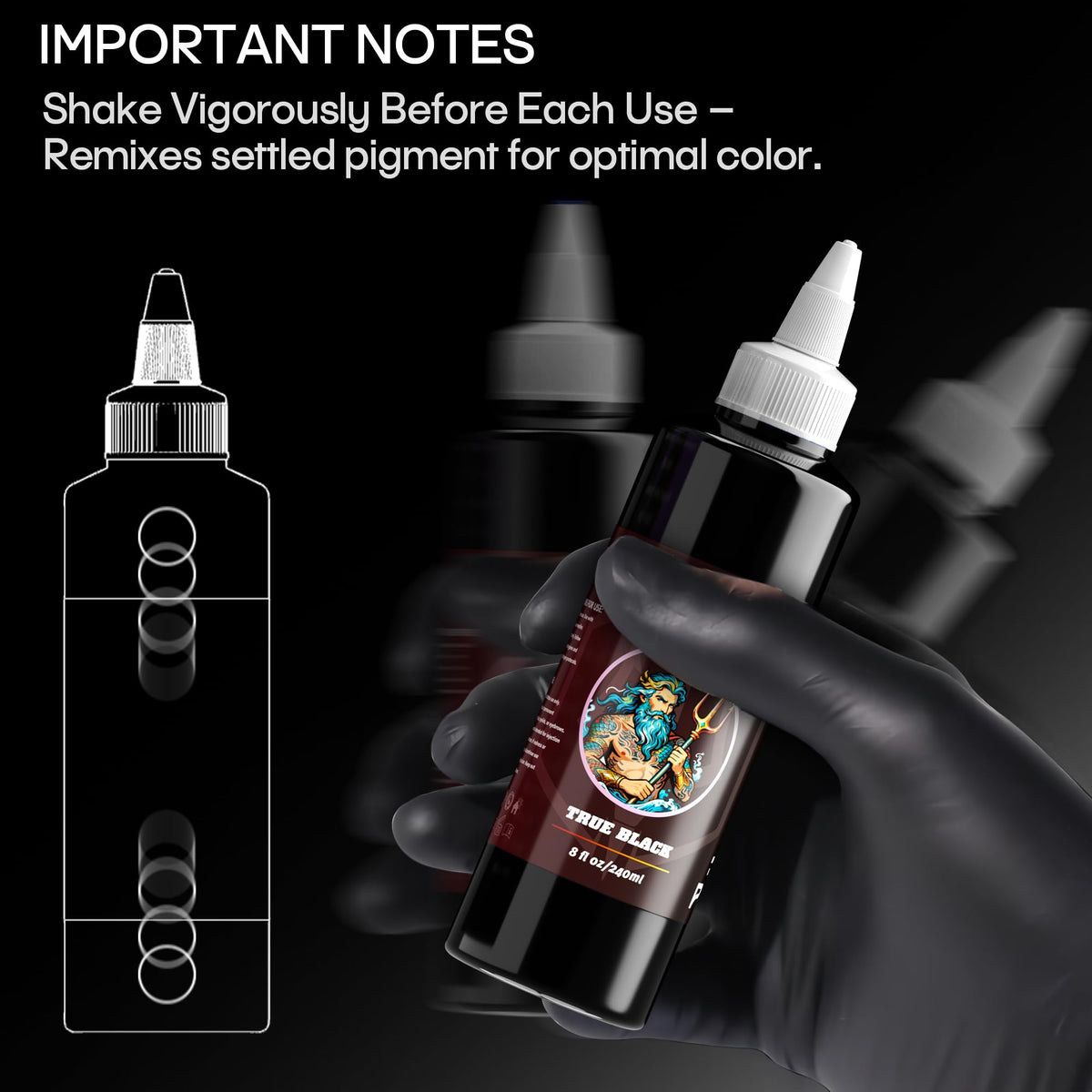 POSEIDON bottle next to ruler for size scale, 8 fl oz capacity useful for busy artists