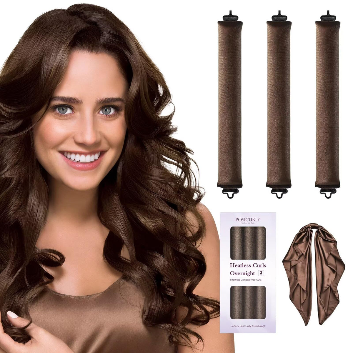 posicurly front packaging showing three velvet curlers and satin scarf, convenient travel set