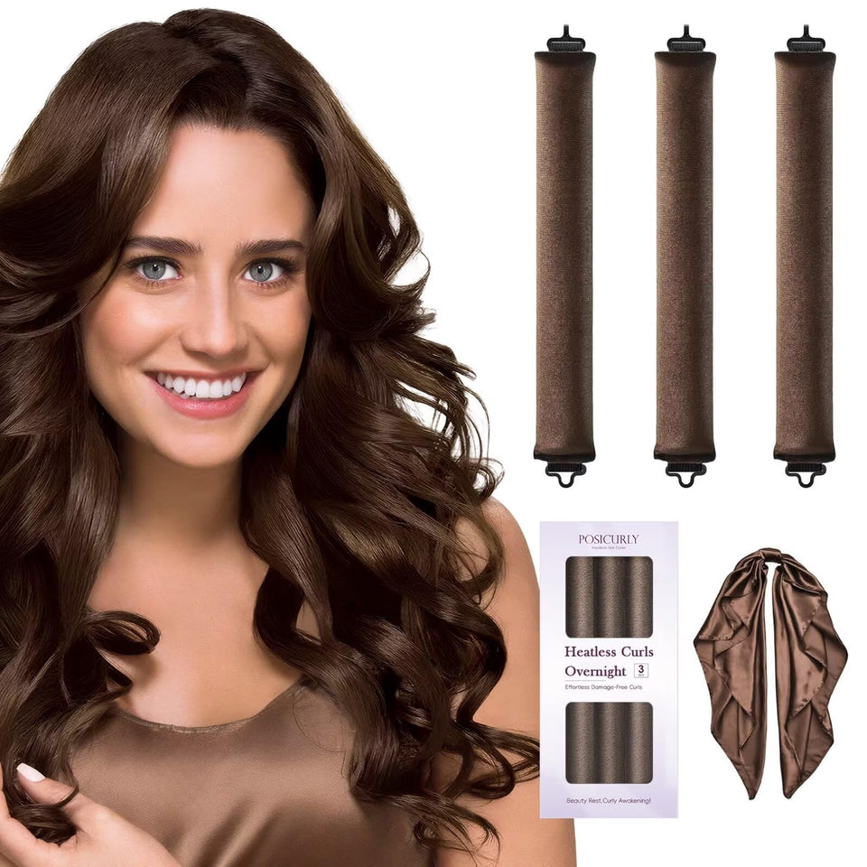 posicurly front packaging showing three velvet curlers and satin scarf, convenient travel set