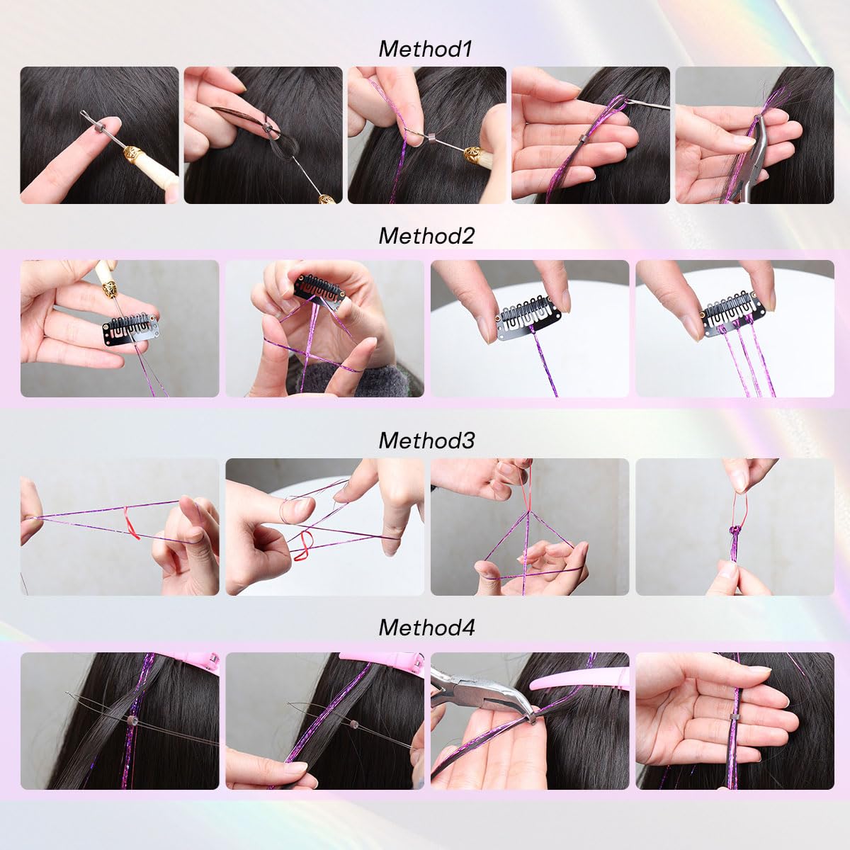 POUWENEY tinsel strands beside a ruler showing 48-inch length for versatile styling