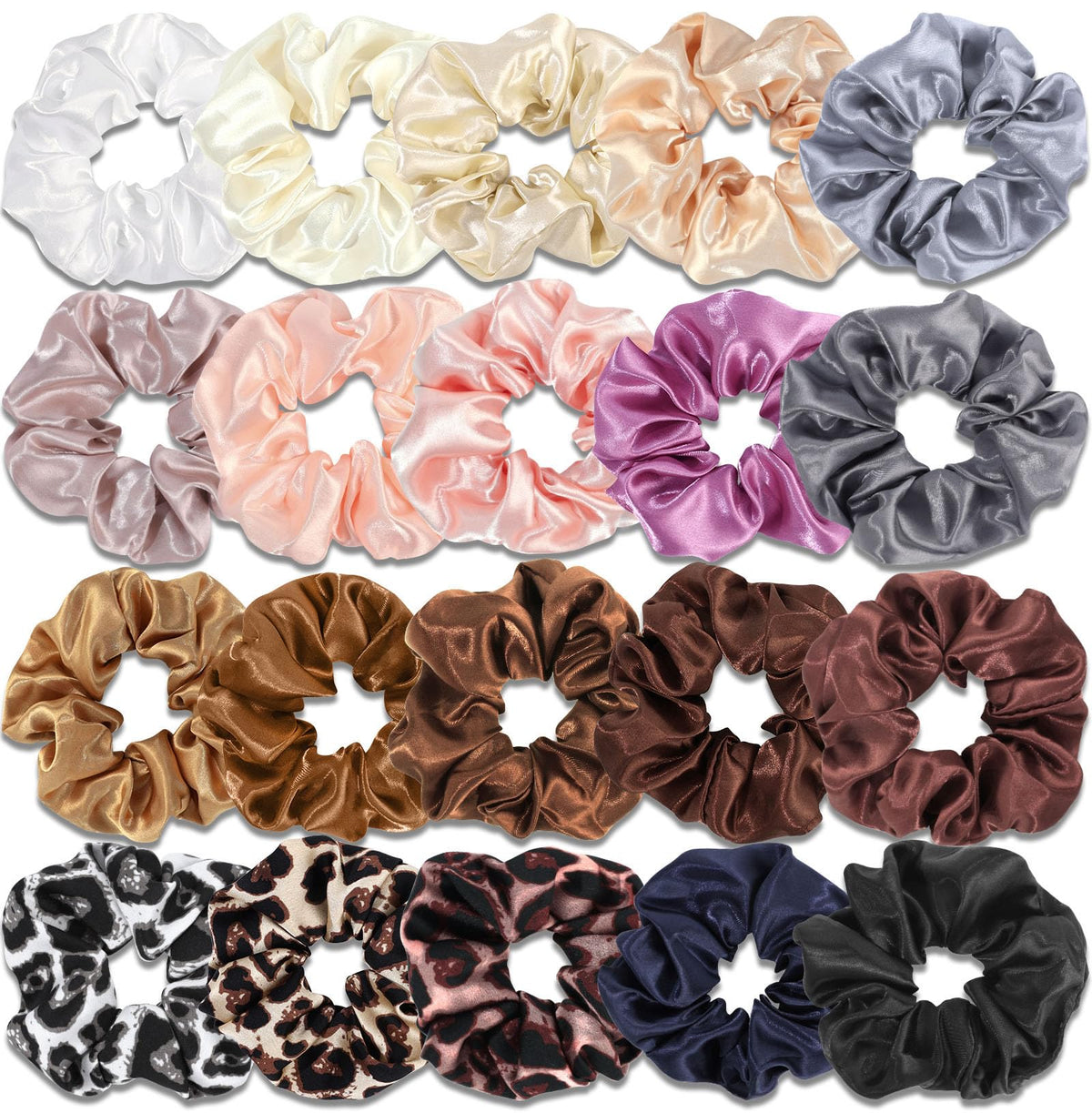 POVETIRE front packaging showing 20 dark satin scrunchies, convenient variety