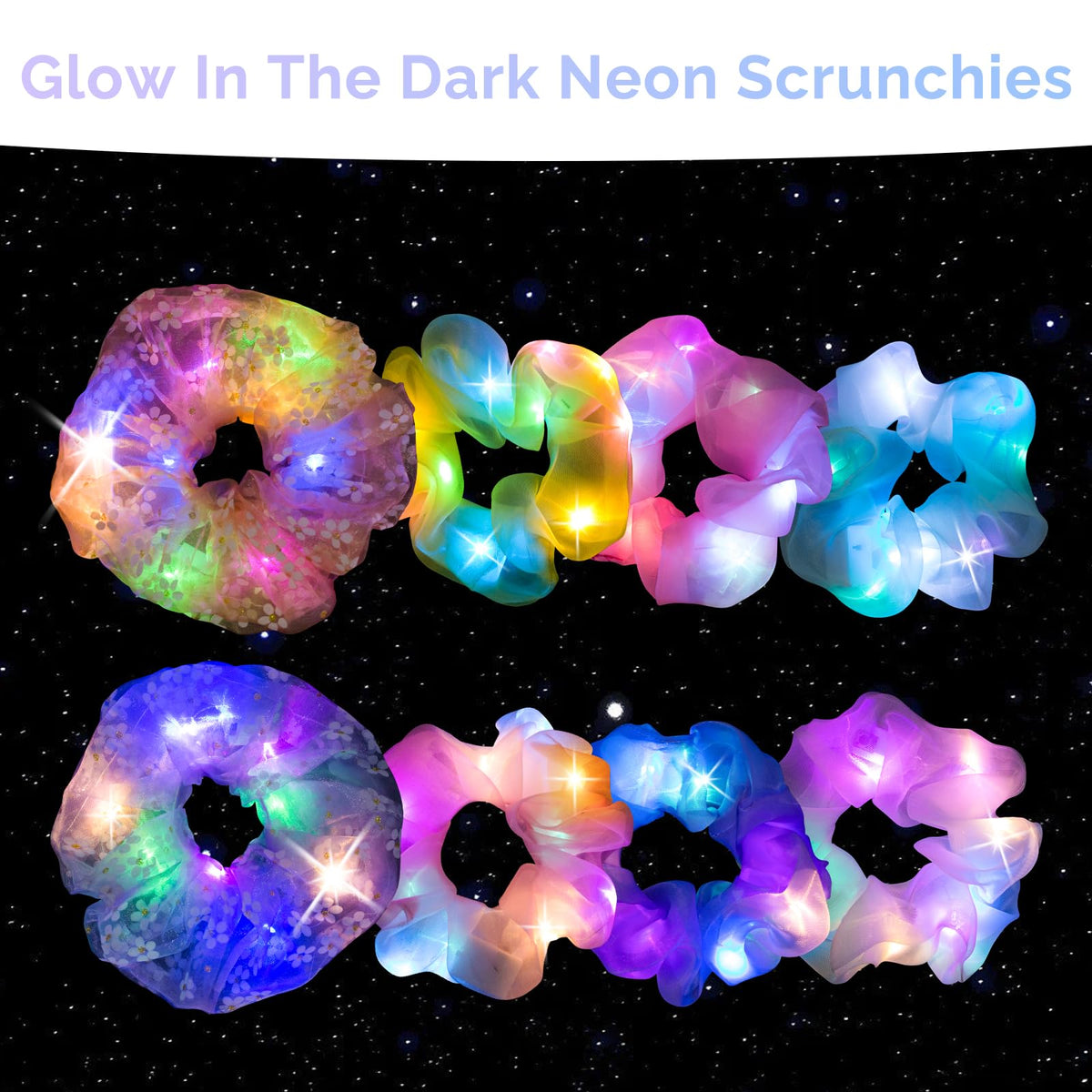 POZILAN glowing scrunchie lit in darkness creating bright colorful party appeal