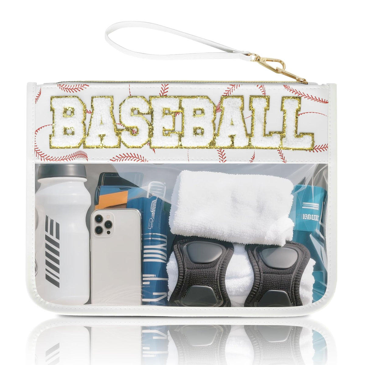 PPeen front view of clear chenille baseball pouch shows organization benefit