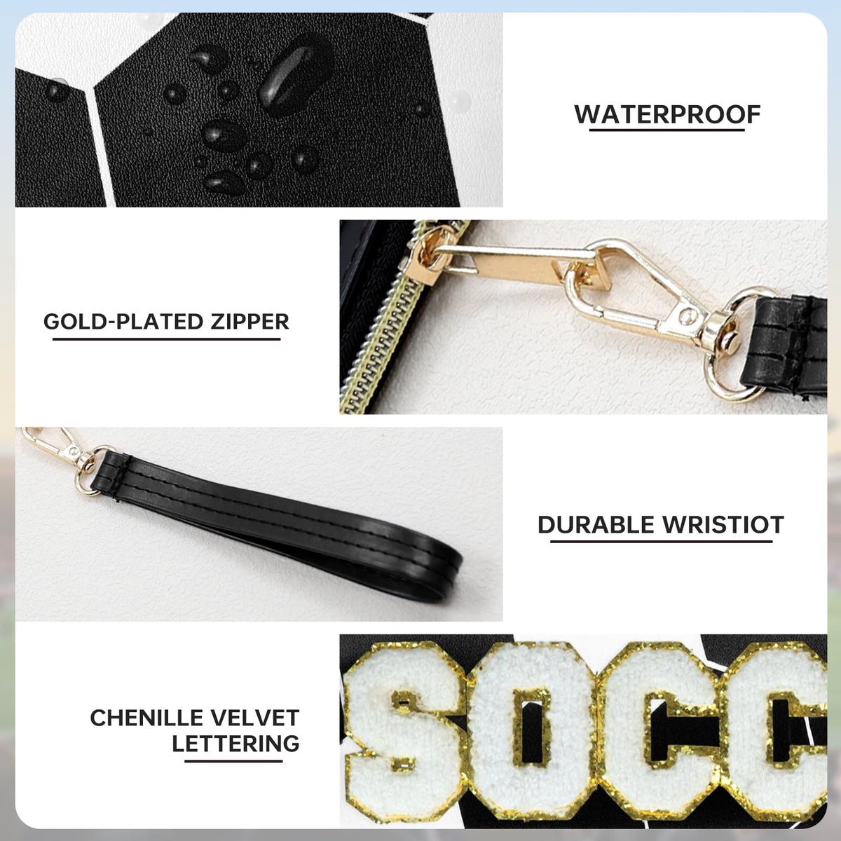 PPeen pouch on stadium bench with soccer gear showing game-day practicality