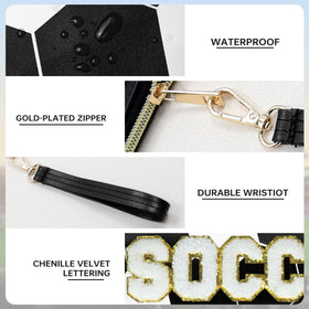 PPeen pouch on stadium bench with soccer gear showing game-day practicality