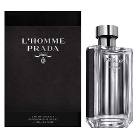 Prada L'Homme close-up of cap and label highlighting premium minimalist branding