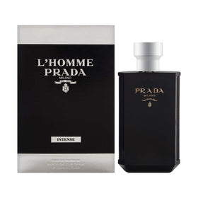 Prada L'Homme Intense front bottle showing elegant packaging and premium presence