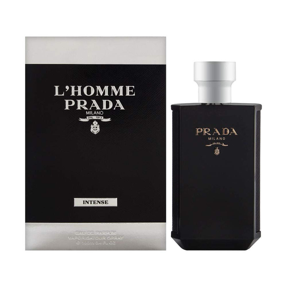 Prada L'Homme Intense front bottle showing elegant packaging and premium presence