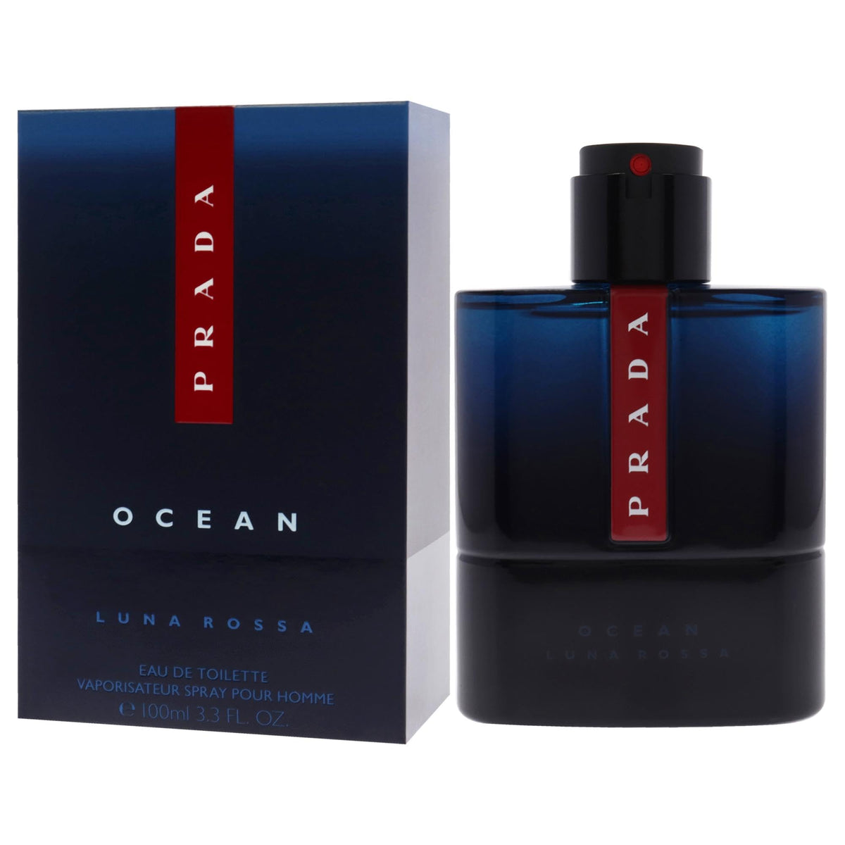 Prada Luna Rossa Ocean bottle beside box showing 3.4 oz size for reference