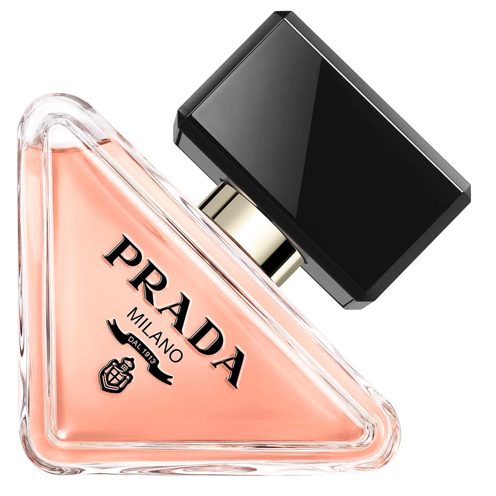 Prada Paradoxe front bottle showing elegant yellow glass and label benefit refillable design