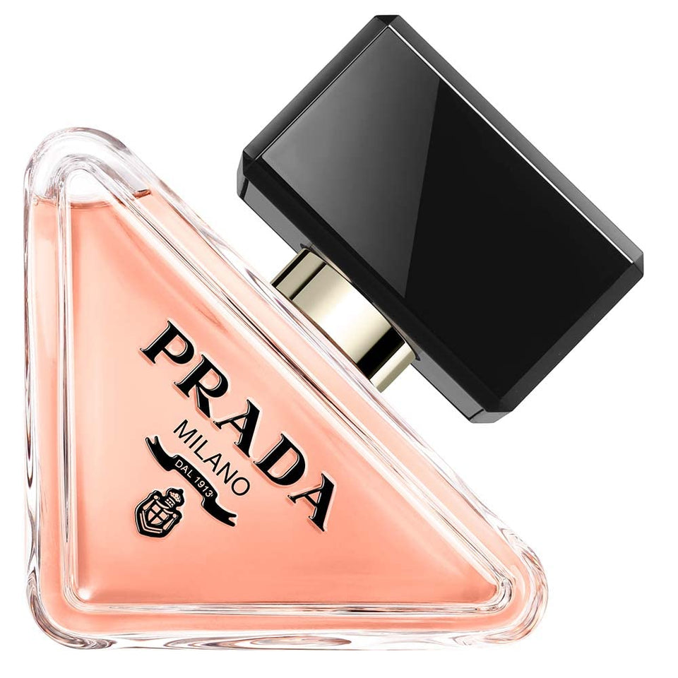 Prada Paradoxe front bottle showing elegant yellow glass and label benefit refillable design