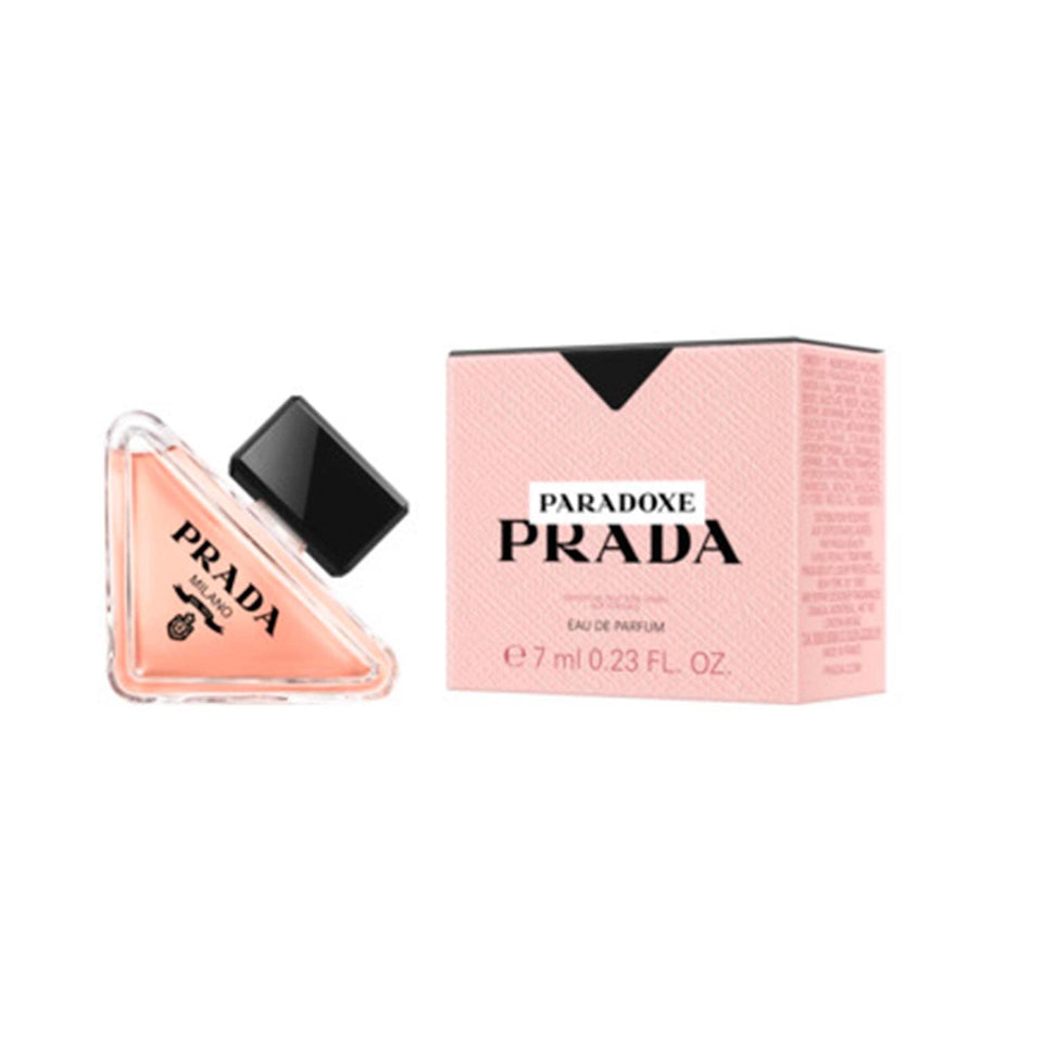 Prada Paradoxe mini bottle front view showing elegant packaging and travel convenience