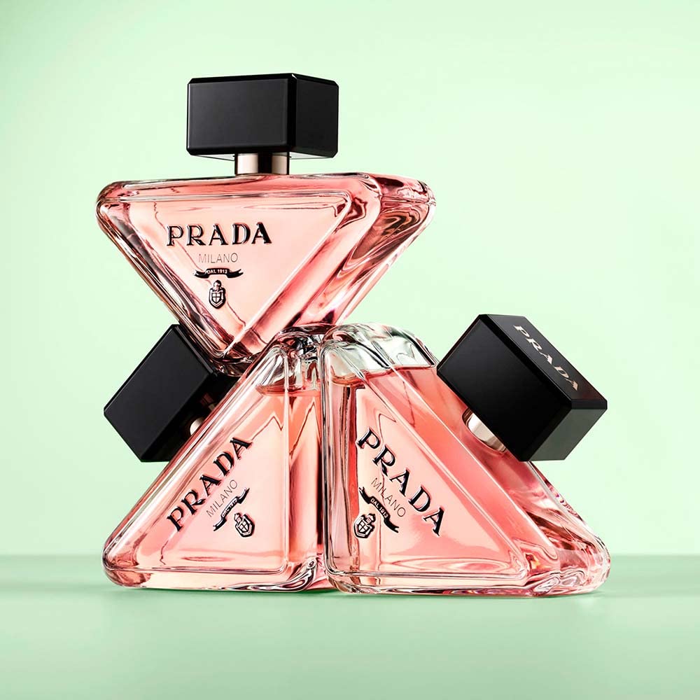 Prada Paradoxe packaging box showing branded exterior and refill info for sustainable use