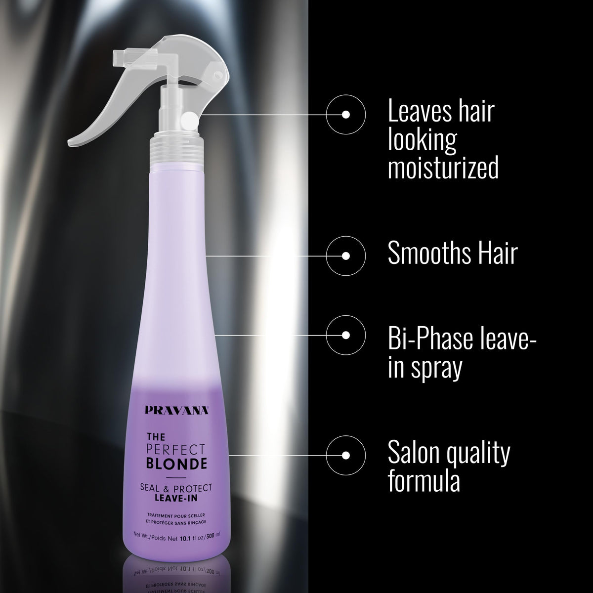 PRAVANA nozzle detail illustrating even mist for effortless coverage benefit