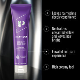Pravana purple masque on a hair strand visibly neutralizing brassiness