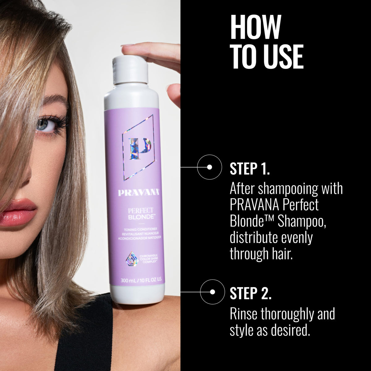 Hand holding Pravana 10 fl oz bottle to show size and scale for routine