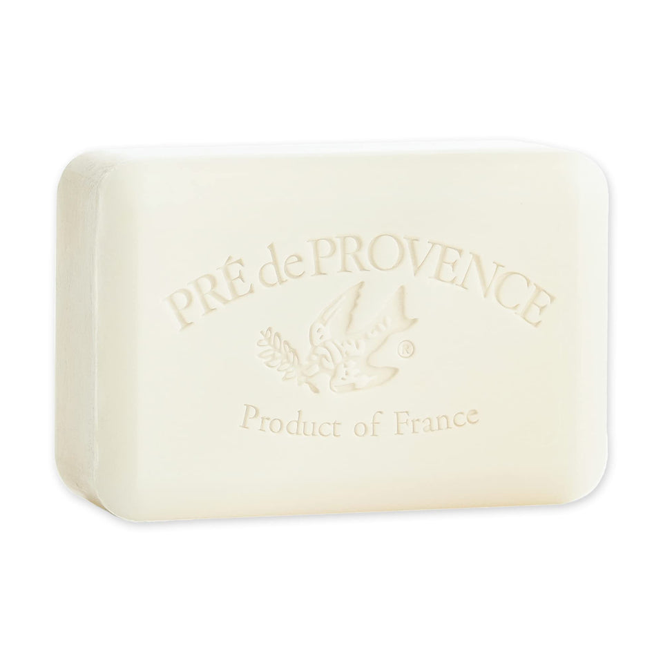 Pre de Provence front packaging showing milk scent and weight, elegant presentation benefit
