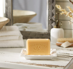 Pre de Provence soap placed by a washbasin benefit: stylish guest hand soap