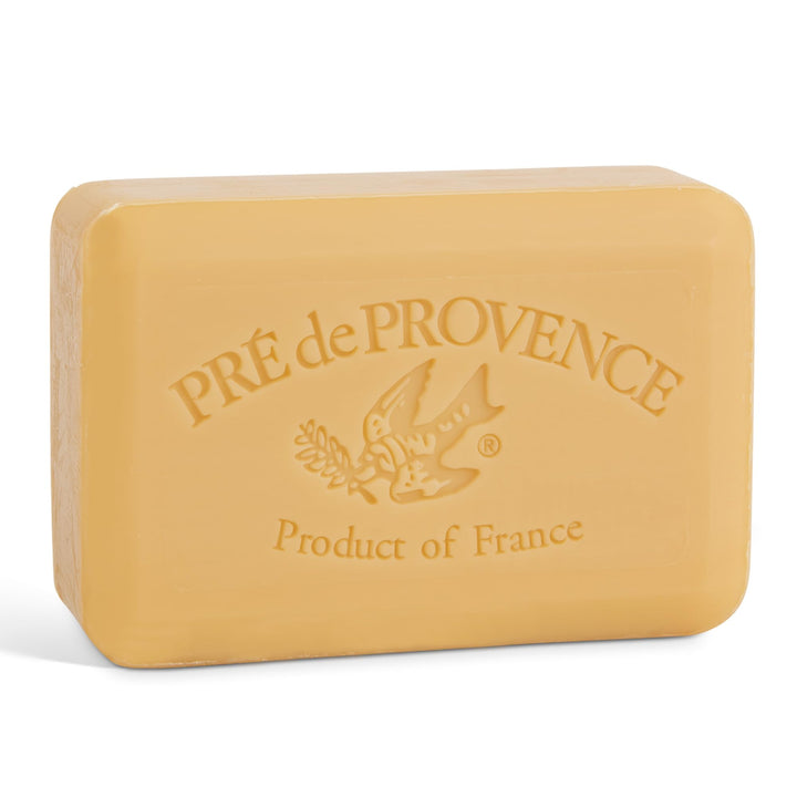 Pre de Provence front packaging showing sandalwood soap and elegant branding benefit: refined presentation