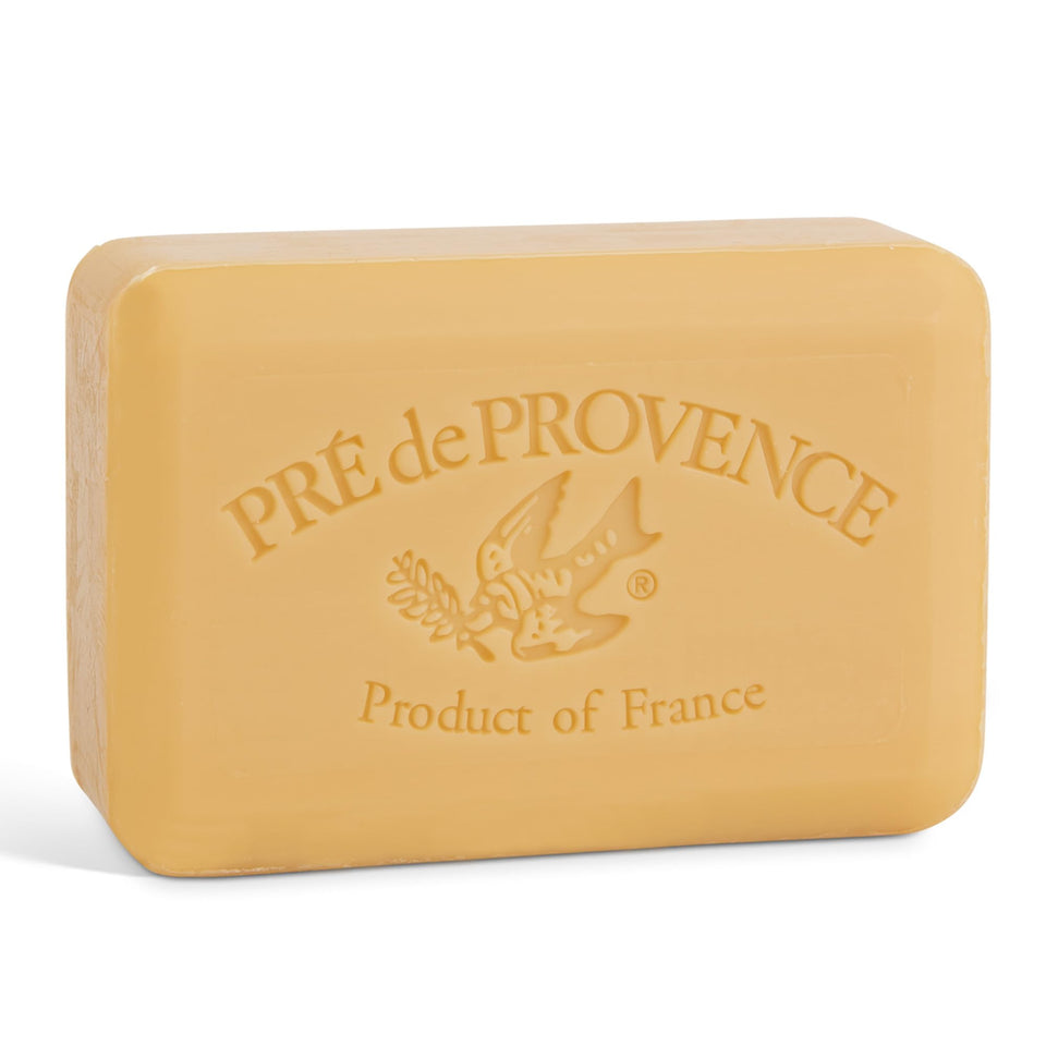 Pre de Provence front packaging showing sandalwood soap and elegant branding benefit: refined presentation