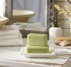 Pre de Provence soap in hand demonstrating rich moisturizing lather