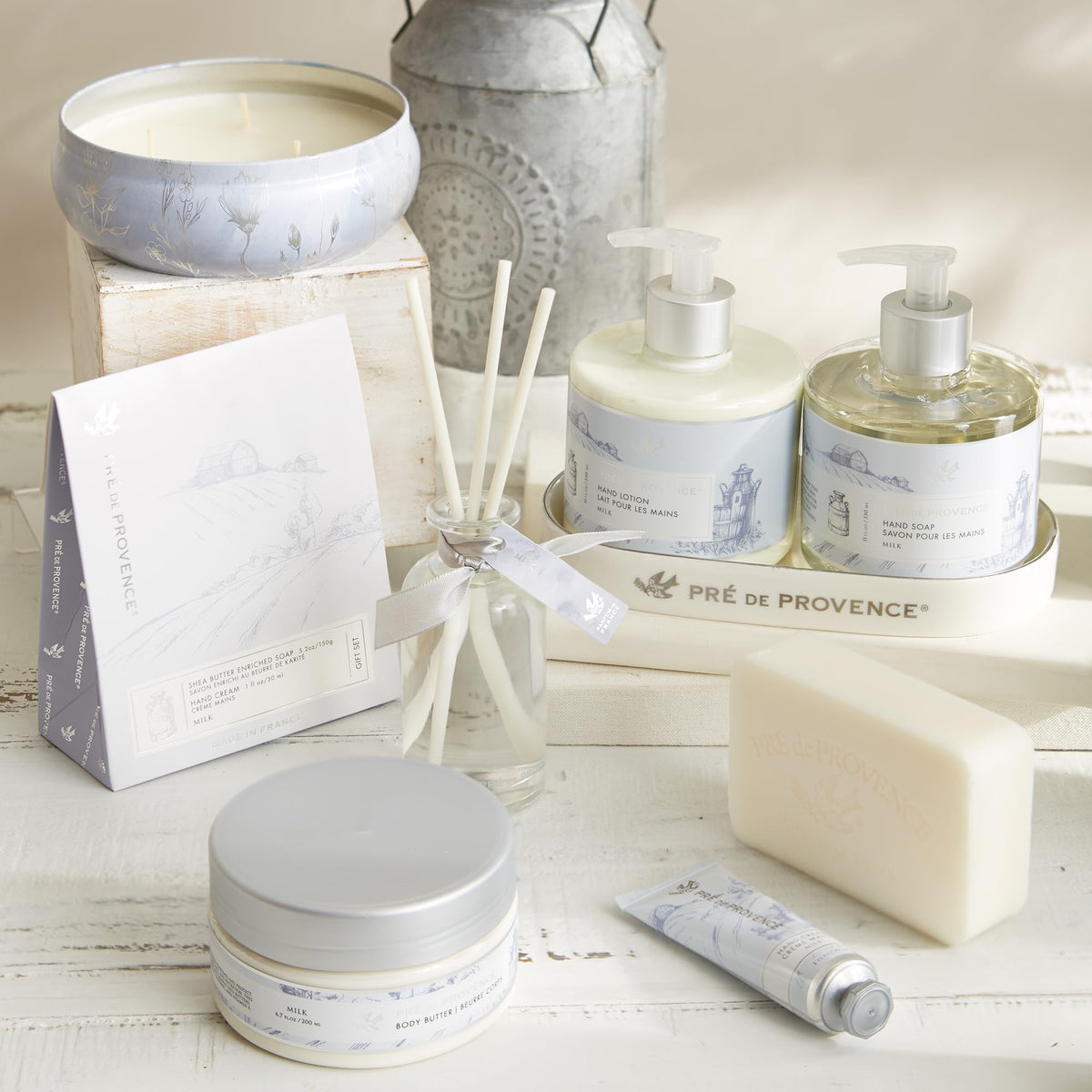 Pre de Provence soap unwrapped in gift basket, conveys gifting elegance benefit
