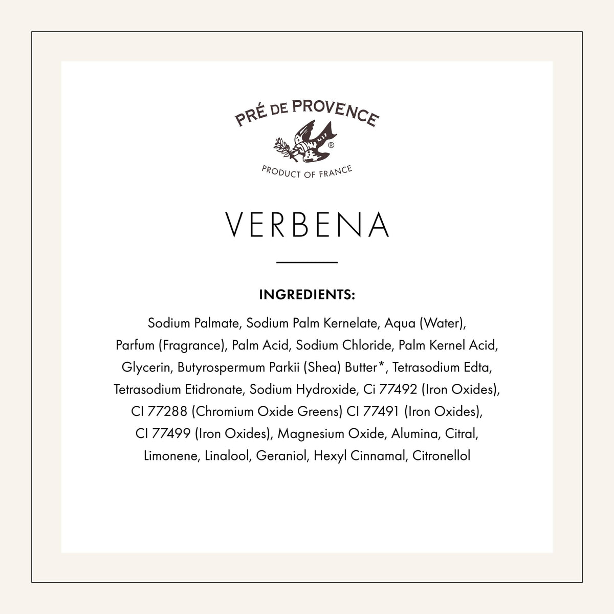 Pre de Provence verbena ingredients label close-up showing natural formulation