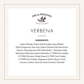 Pre de Provence verbena ingredients label close-up showing natural formulation