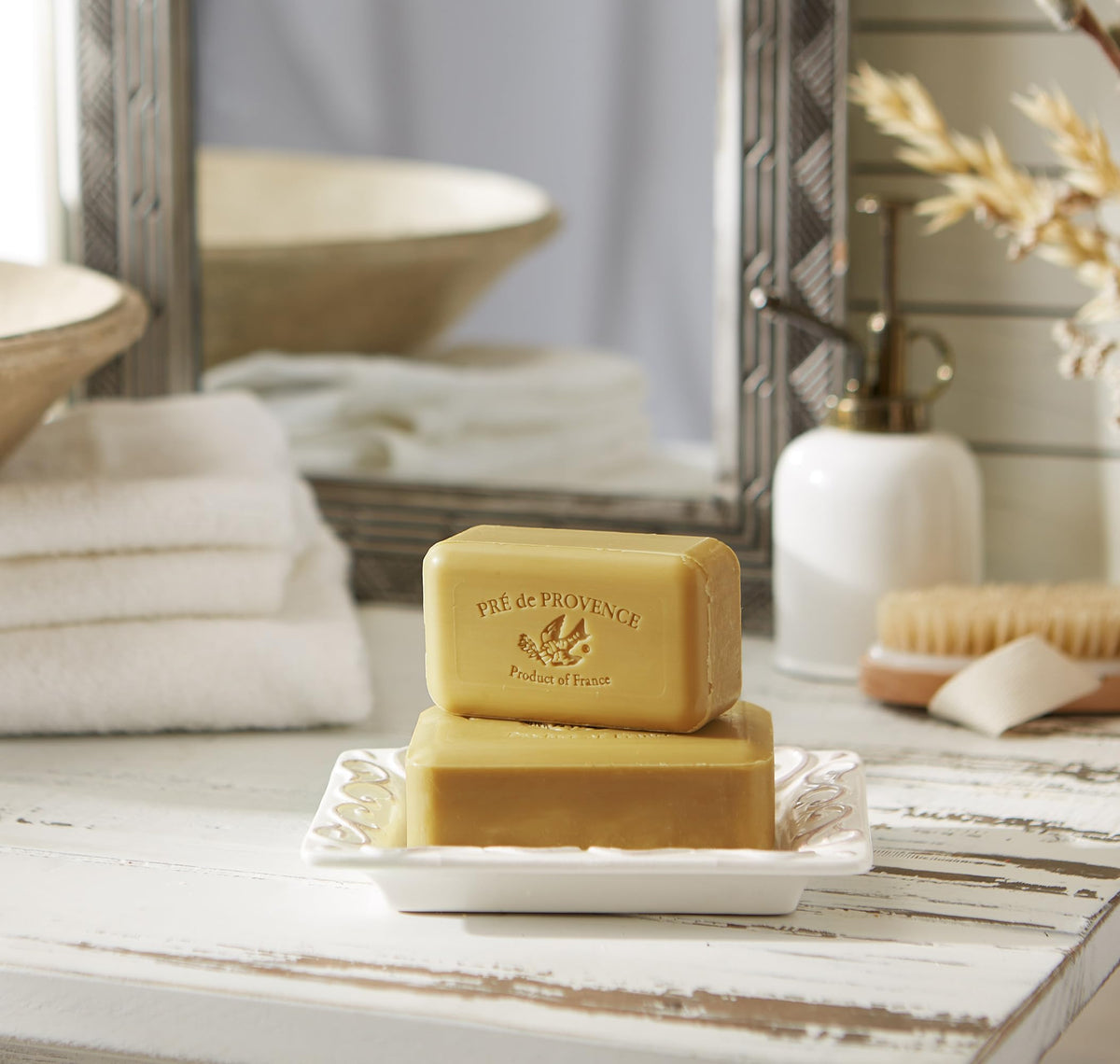 Pre de Provence verbena thick creamy lather in hand for gentle cleansing
