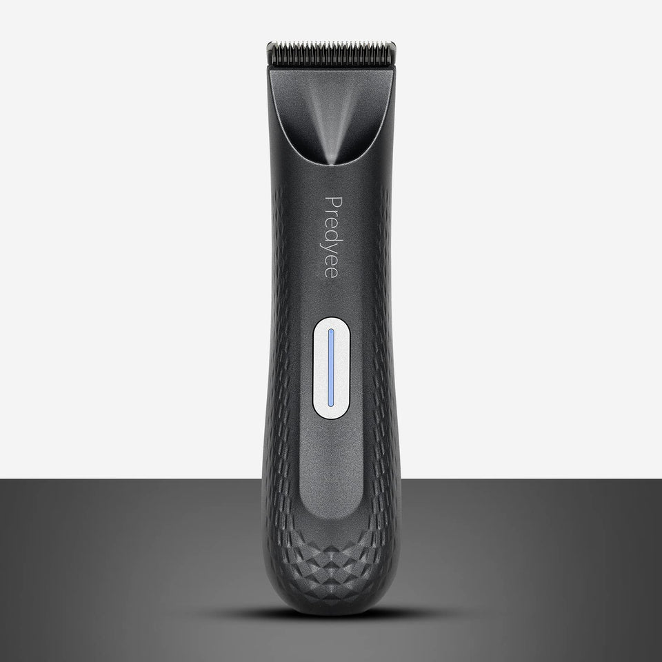 Predyee front view showing trimmer and packaging, highlights compact travel convenience