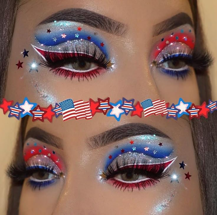 Prehot applied on cheek in star pattern for patriotic face accent and long-lasting shine