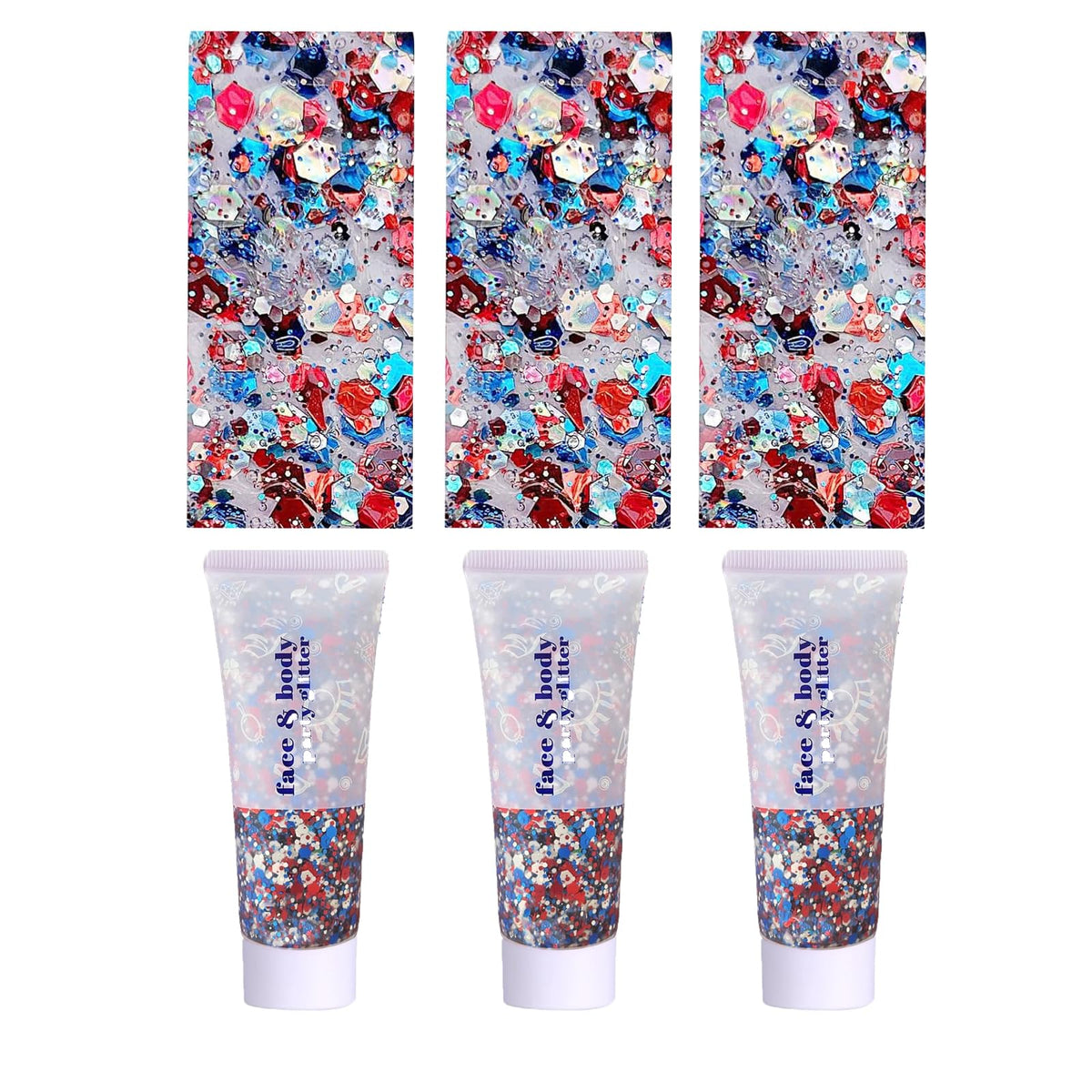 Prehot front packaging of three red white blue glitter gels showing patriotic set benefits