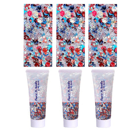 Prehot front packaging of three red white blue glitter gels showing patriotic set benefits