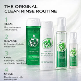 Prell bottle in bathroom lifestyle scene suggesting quick routines and simplified care