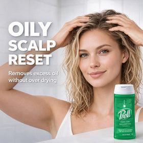 Prell bottle positioned on shower shelf indicating routine convenience and accessibility