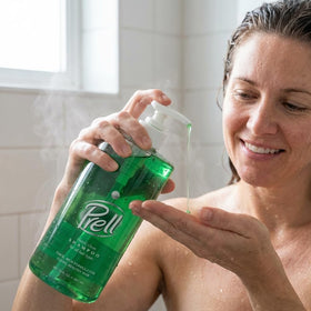 Prell shampoo being dispensed from bottle for easy-control benefit