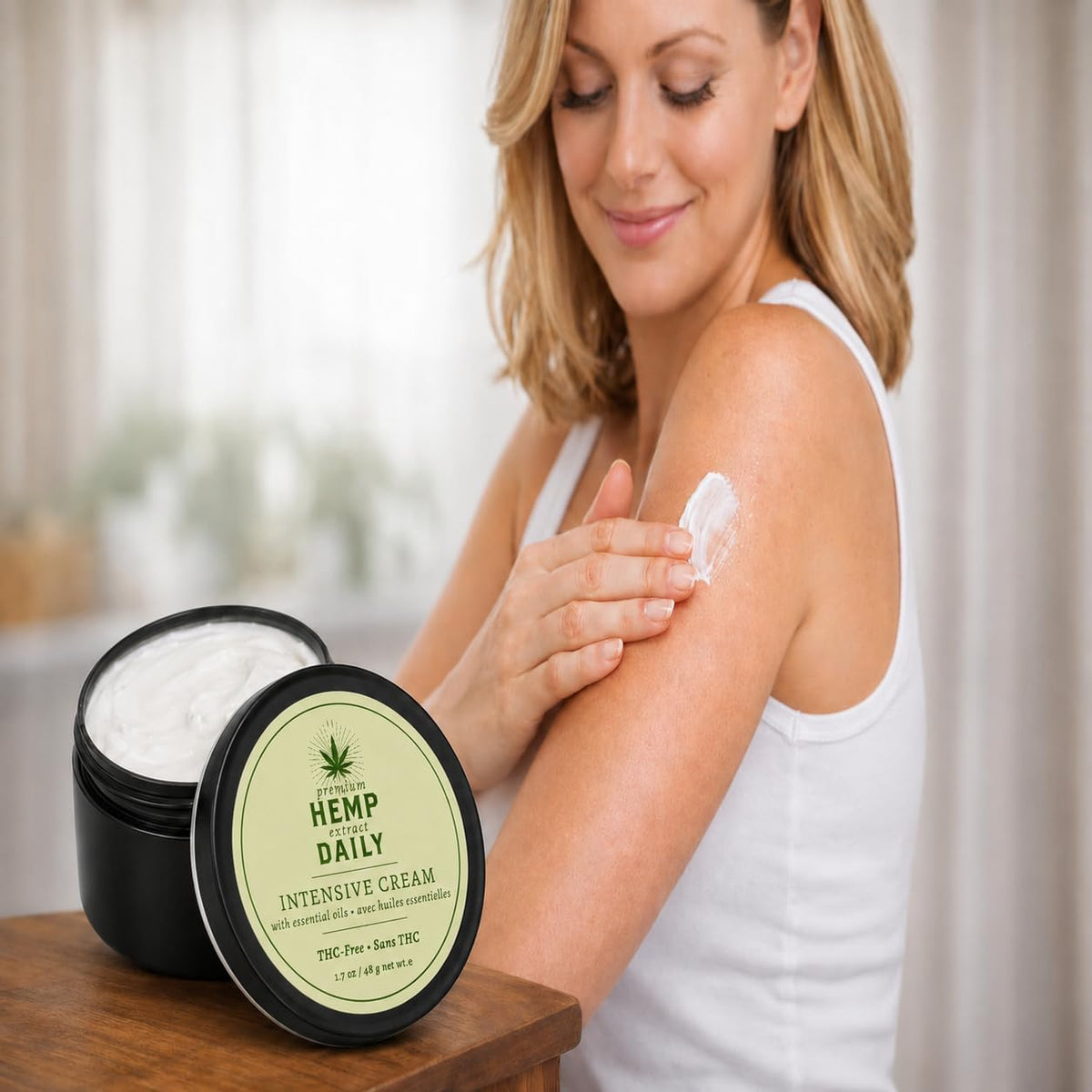 Premium Hemp Extract Daily applied to shoulder demonstrating cooling comfort