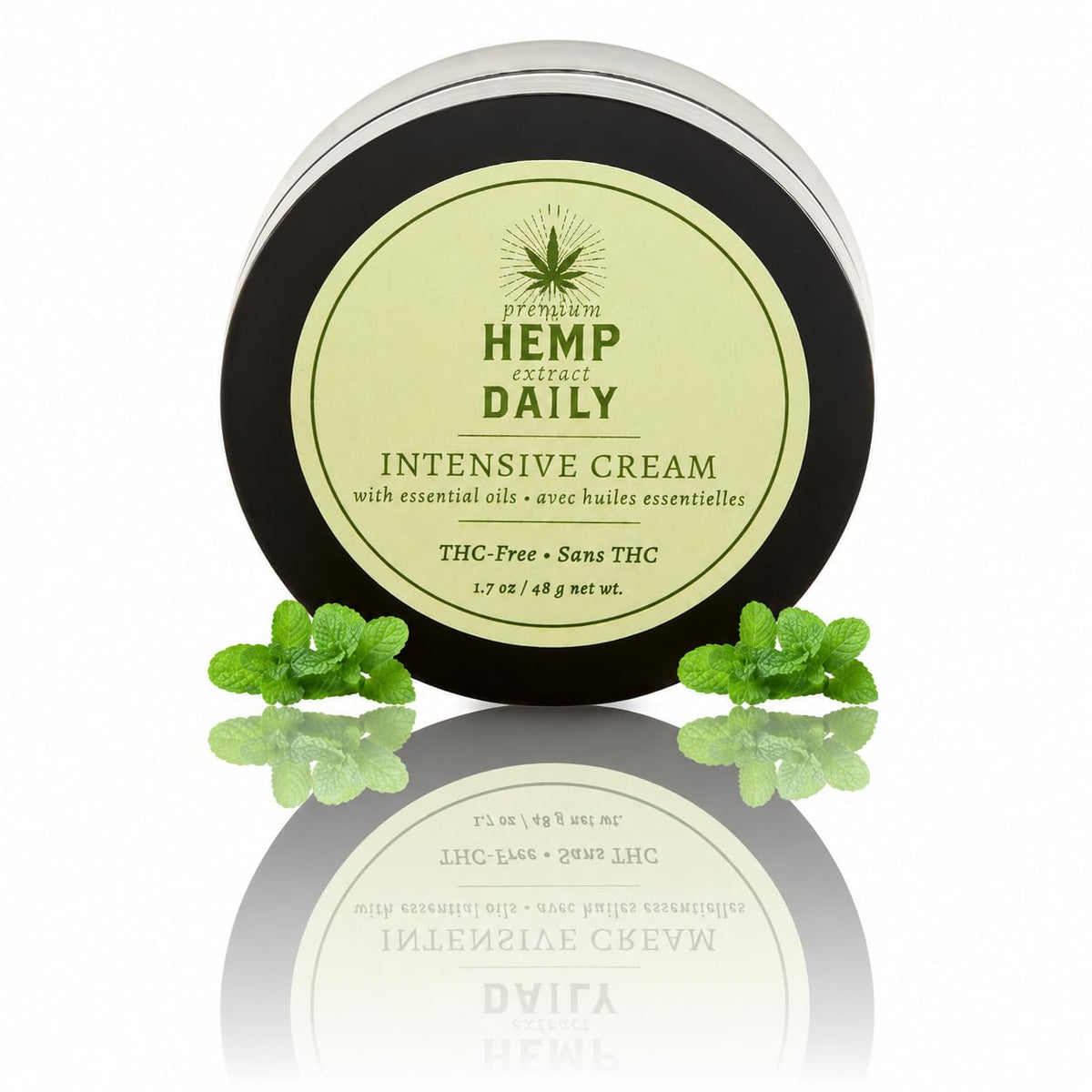 Premium Hemp Extract Daily front packaging showing jar and label benefit