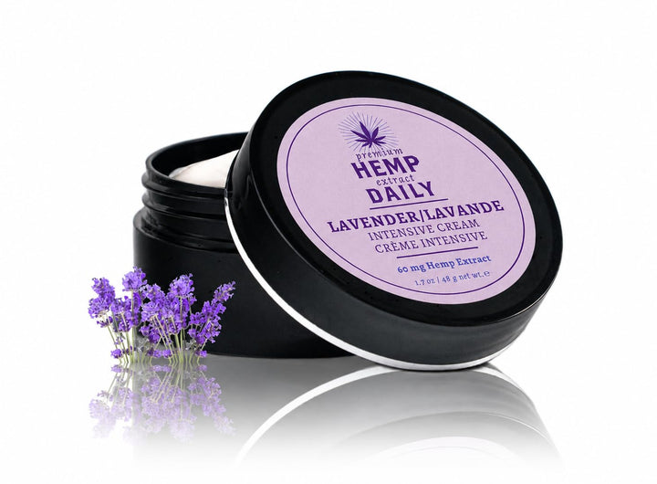 Premium Hemp Extract Daily jar front view showing lavender label and compact size benefit