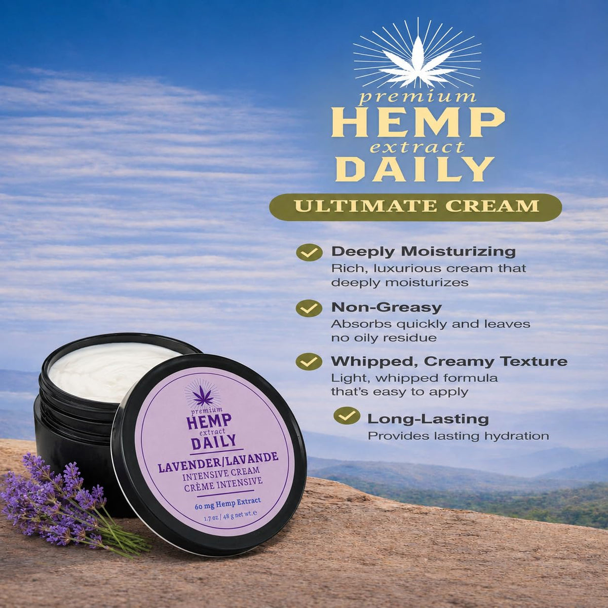 Premium Hemp Extract Daily next to a coin for 1.7 oz size comparison and travel convenience