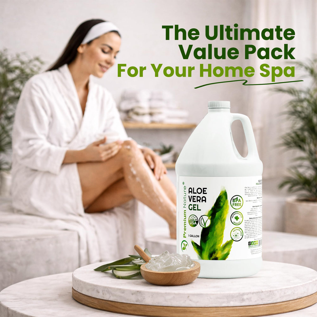 Premium Nature gallon beside a hand for scale highlighting large salon‑size value