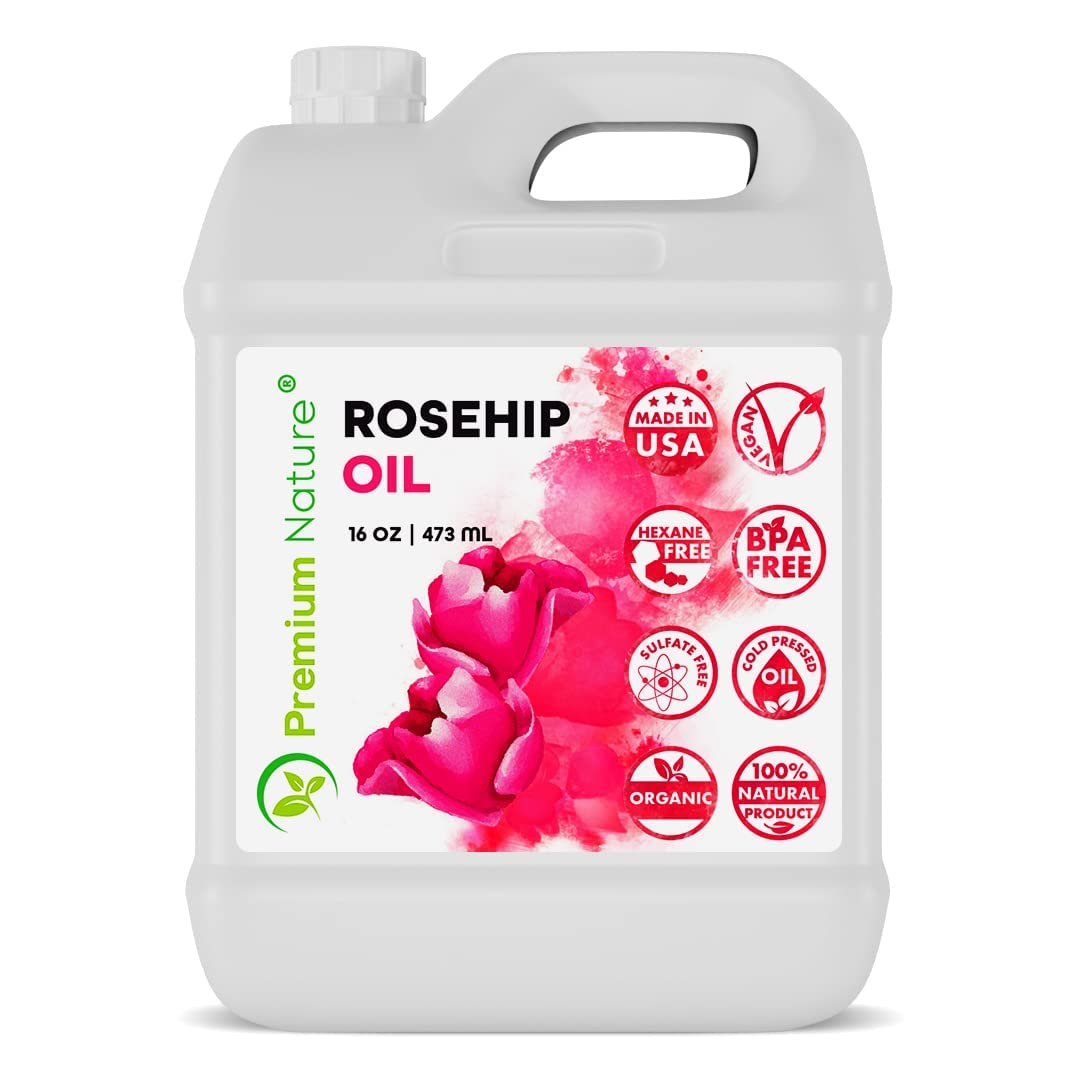 Premium Nature bottle front view showing pure rosehip oil and large size benefit