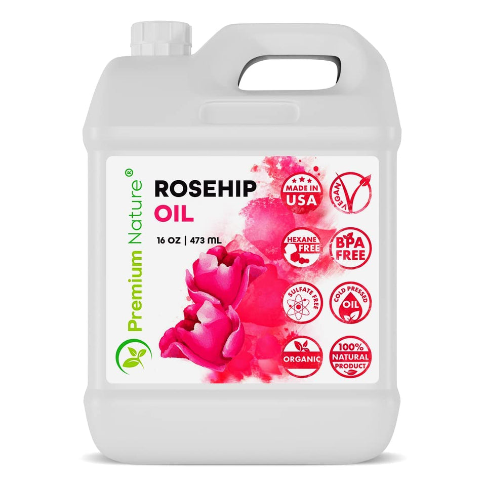 Premium Nature bottle front view showing pure rosehip oil and large size benefit